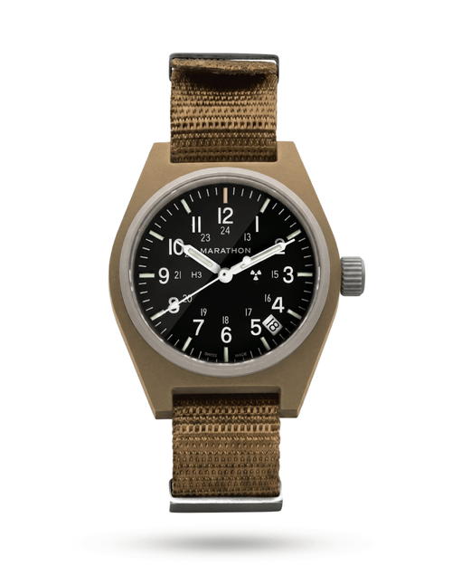 Marathon Desert Tan GPQ-D military watch. 34mm fibershell case for elite watch collections.